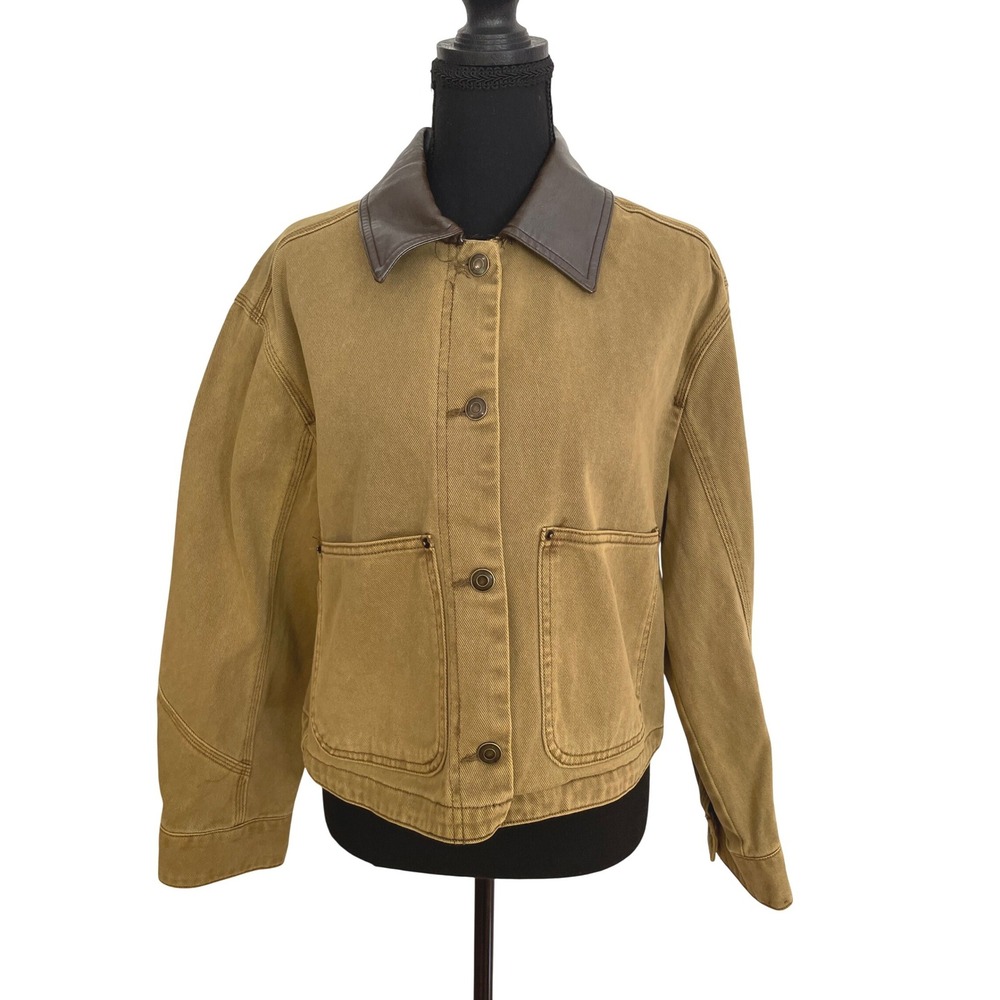 CI SONO Padded Jacket Womens S Khaki Vegan Leather Collar Cropped Boho Gorpcore